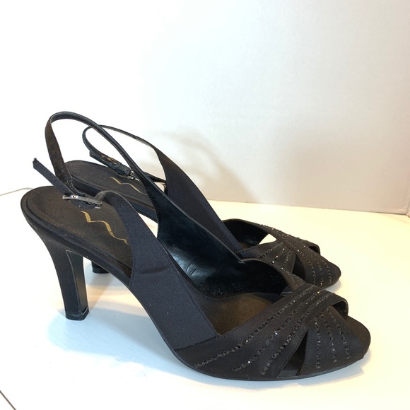 NINA Black Satin Rhinestone Peep Toe Slingback 7.5 - Picture 4 of 8